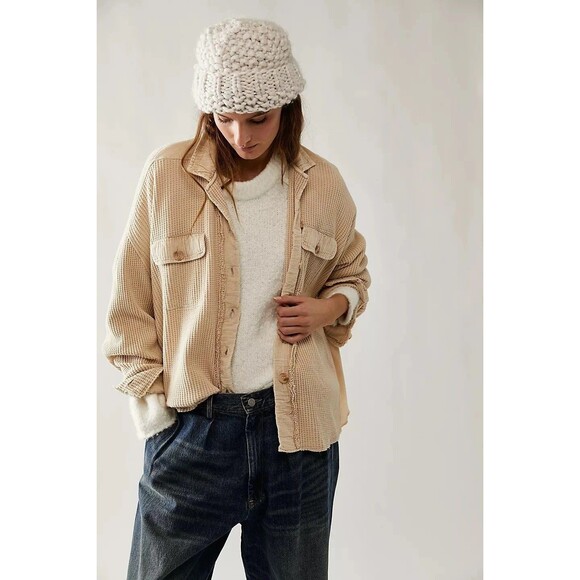 Free People FP One Scout Jacket Top Waffle Knit Buttondown Oversized L 283350 - Picture 1 of 11